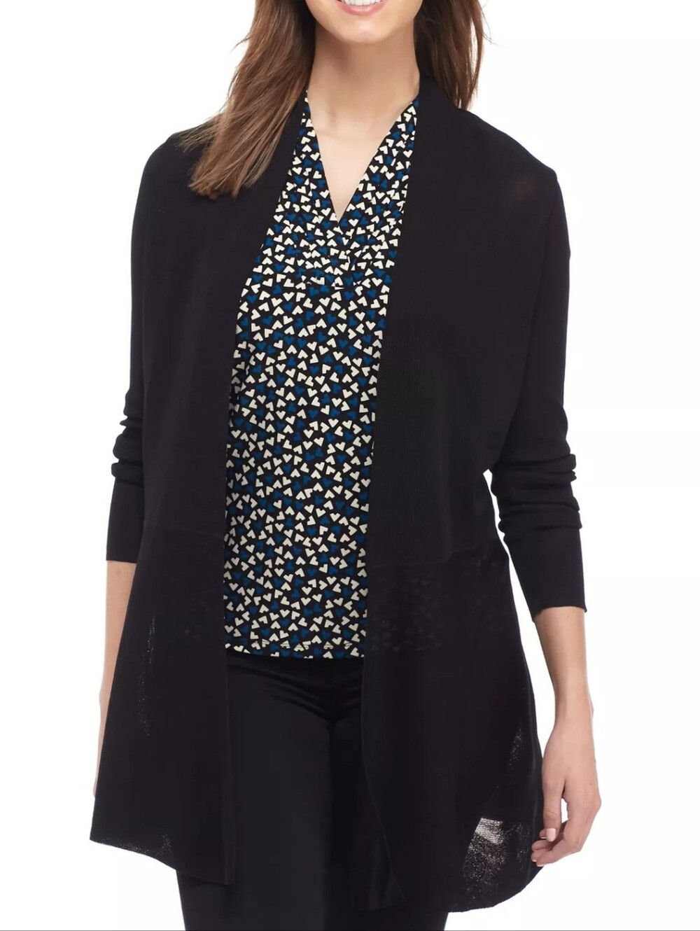 Anne Klein Black Longline Open Front Knit Cardigan Duster
